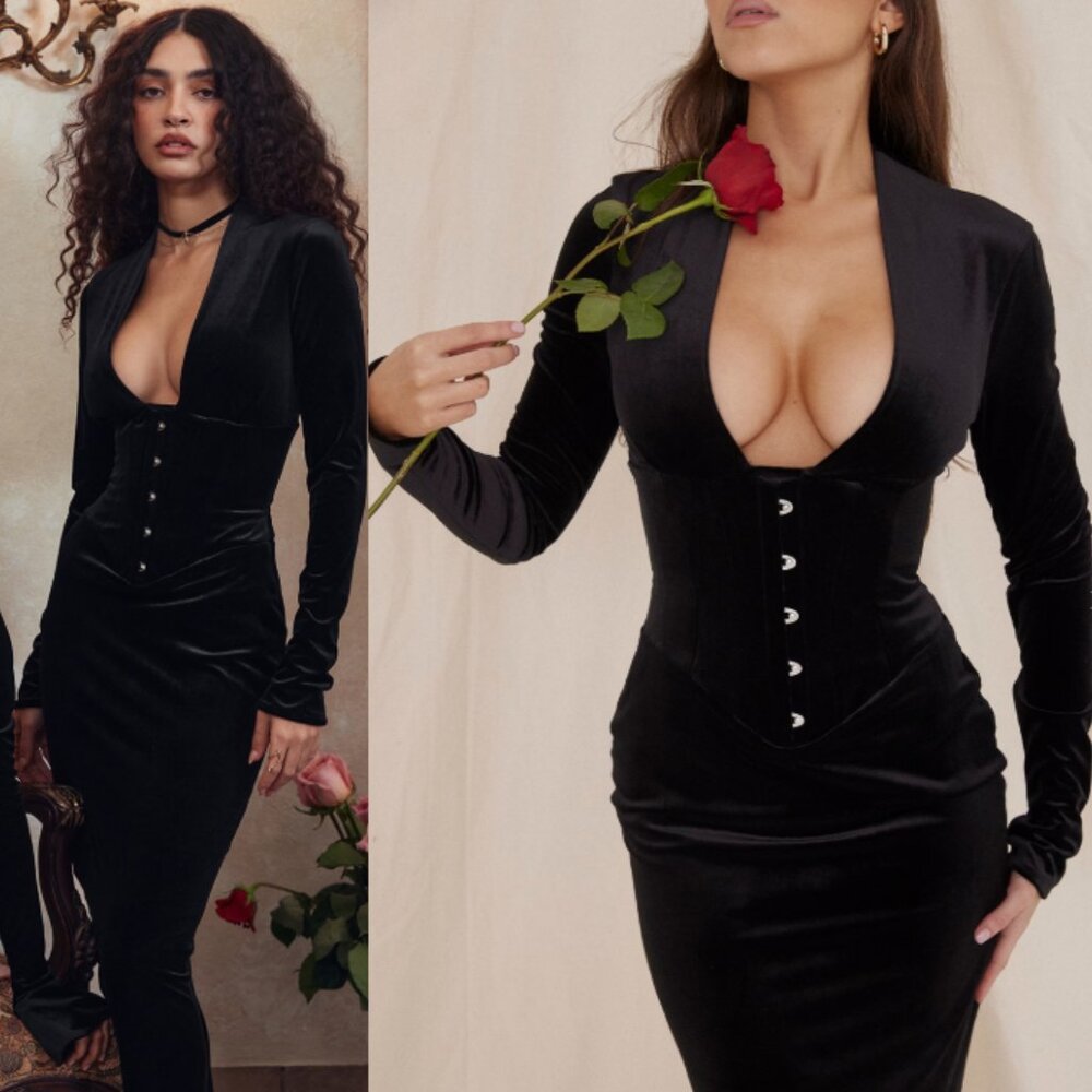 House of CB 'Arabella' Black Velevet Corset Maxi Dress NWOT - Picture 1 of 10